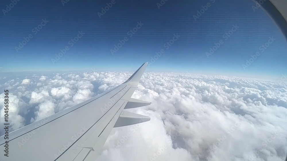 A clear day seen through the window of an airplane, with a perfect view of the wing cutting through the sky and clouds drifting below. A clear day seen through the window of an airplane, with a perfect view of the wing cutting through the sky and clouds drifting below.