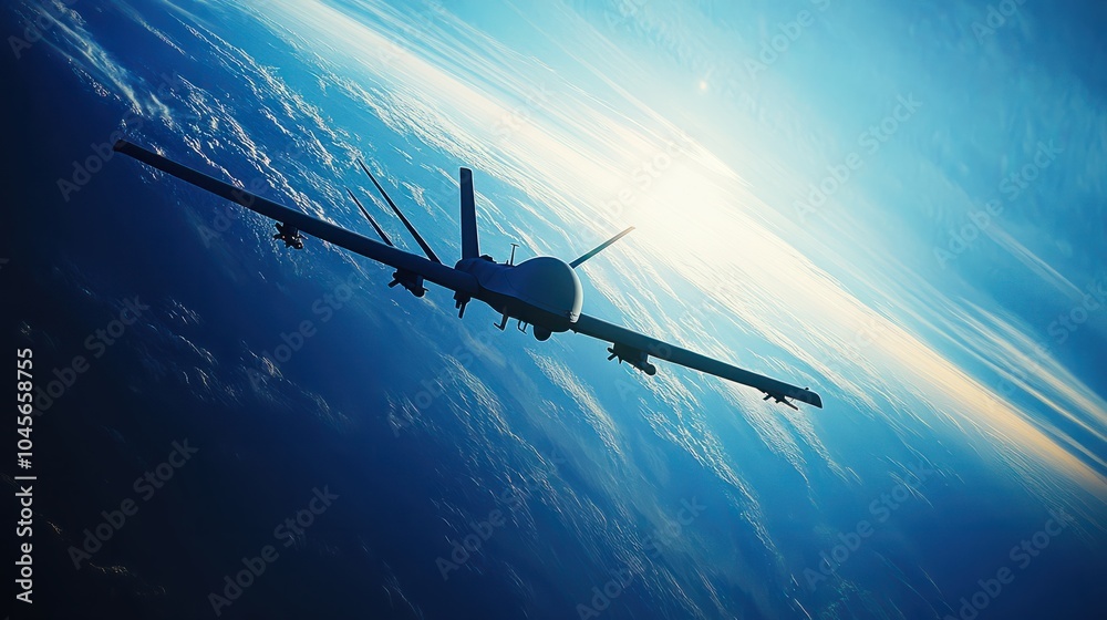 Fototapeta premium Guardian of the Skies: A military drone soars above the Earth, its silhouette stark against the vibrant blue canvas of the atmosphere.