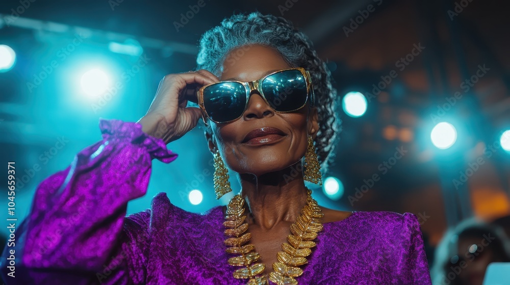 A stylish woman in sunglasses, endowed with confidence and grace, stands under bright lights, embodying empowerment and elegance with her striking fashion statement. A stylish woman in sunglasses, endowed with confidence and grace, stands under bright lights, embodying empowerment and elegance with her striking fashion statement.