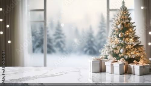 a christmas tree with lights and gift boxes on a white marble table in a winter interior with a blurred snowy window background as a banner for product display presentation mockup design concept