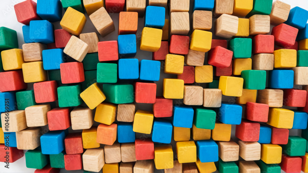 Multicolored wooden cubes are randomly placed on gray surface. Many blocks of various color. High angle view of colorful toy blocks on table. Multicolored wooden cubes are randomly placed on gray surface. Many blocks of various color. High angle view of colorful toy blocks on table.