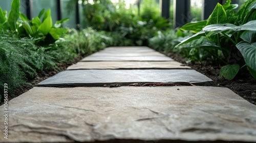 A walkway crafted from stone slabs is surrounded by abundant green foliage, creating a serene and lush oasis. Sunlight filters through, adding warmth and tranquility. photo