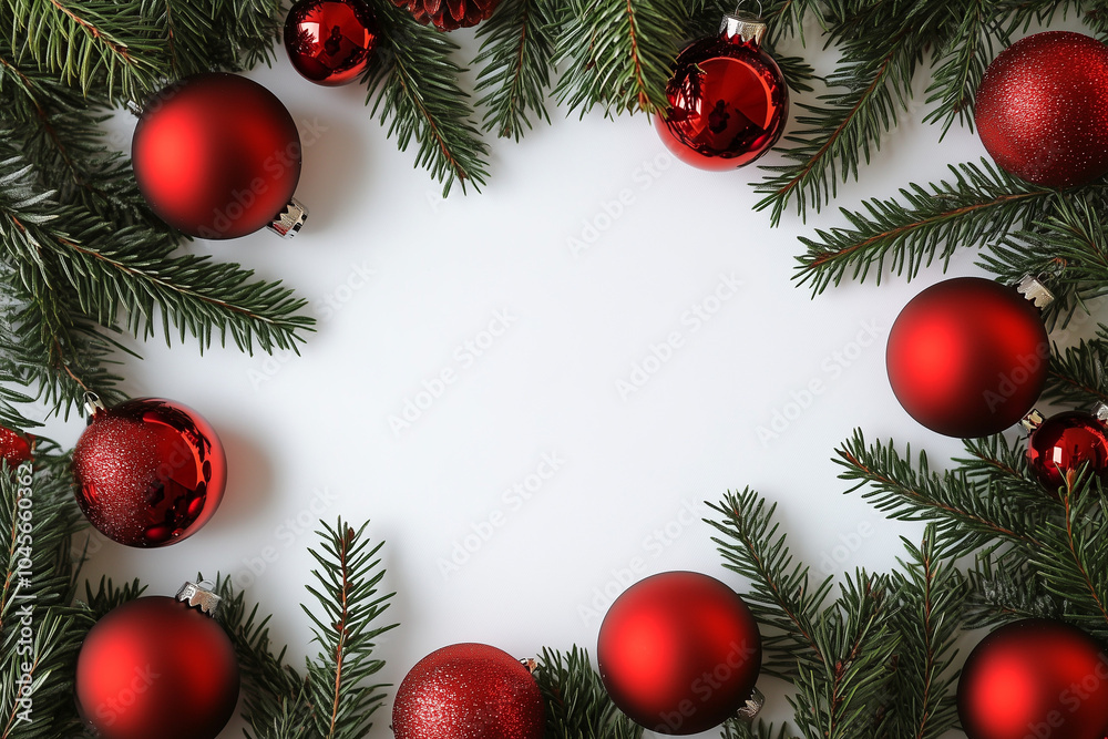 A Christmas tree with red ornaments and a white background. The tree is surrounded by a frame of red and green leaves A Christmas tree with red ornaments and a white background. The tree is surrounded by a frame of red and green leaves