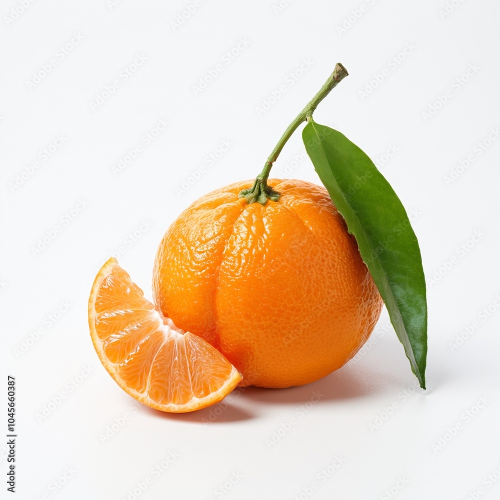 Freshly Sliced Clementine Mandarin with Leaf Displayed on White Background Freshly Sliced Clementine Mandarin with Leaf Displayed on White Background