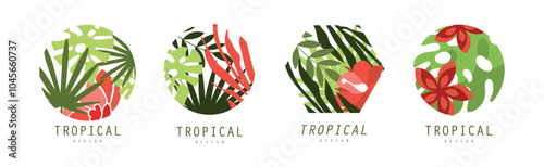 Tropical Design with Shape and Jungle Foliage Vector Set