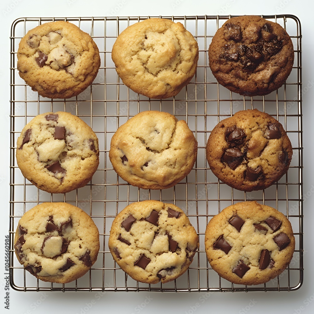 Freshly baked chocolate chip cookies cooling on a rack. Freshly baked chocolate chip cookies cooling on a rack.