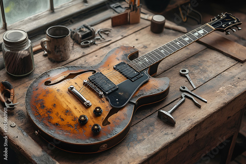 A vintage guitar rests on a wooden workbench surrounded by tools, evoking a sense of craftsmanship and musical heritage.