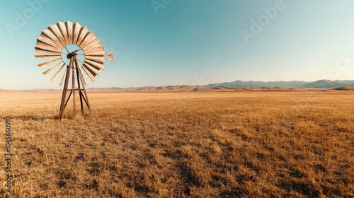 A solitary windmill guards the sprawling sunny prairie, framed by distant mountains, capturing an endless horizon and the rustic simplicity of rural life in the plains.