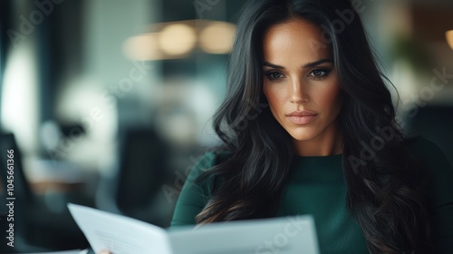 A woman with focused expression reading papers in a dimly lit office room, surrounded by stacks of files, conveying concentration, diligence, and a serious work ethic.