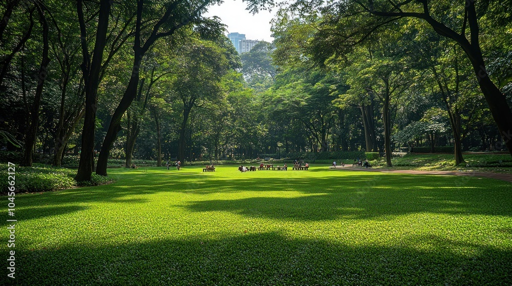 Obraz premium A lush green park with tall trees and a wide, grassy area with people relaxing in the shade.