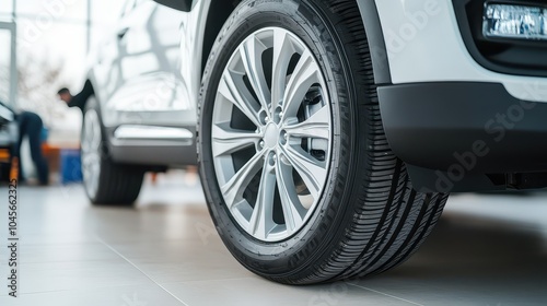 Wallpaper Mural Close-up view of a modern car tire in a showroom, showcasing its design and texture on a glossy surface. Torontodigital.ca
