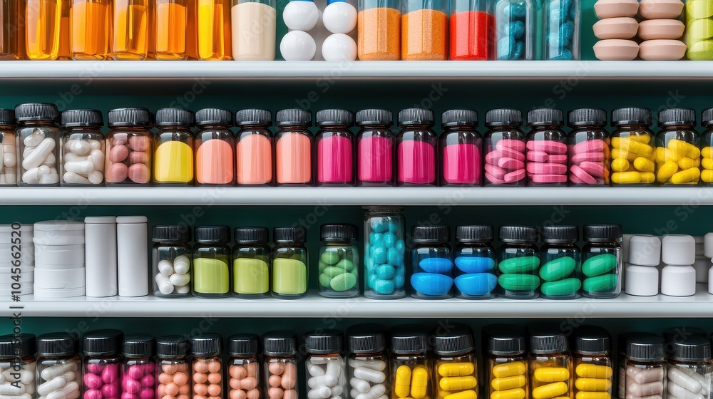 Colorful collection of medicine bottles arranged neatly on shelves, showcasing various shapes and sizes of pills and capsules. Colorful collection of medicine bottles arranged neatly on shelves, showcasing various shapes and sizes of pills and capsules.