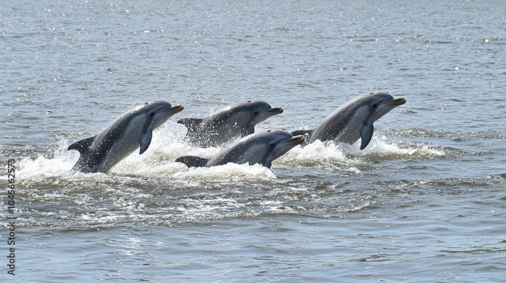 Fototapeta premium A pod of dolphins joyfully leaping out of the ocean, their smooth bodies arcing gracefully above the sparkling blue water in the bright afternoon sun.