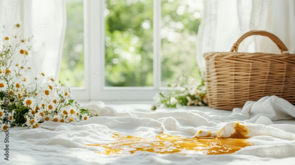 A lively sunny scene of refreshing orange juice accidentally spilled on a soft white fabric, capturing a pure summer essence with a basket and daisies nearby.