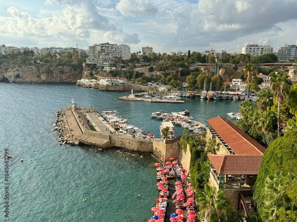 The marine harbor and beach in the old town of Antalya, Turkey