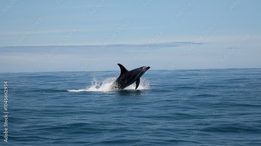 A pod of dolphins performing playful acrobatics, leaping high out of the ocean with the vibrant blue sky and sparkling waves enhancing their joyful display.