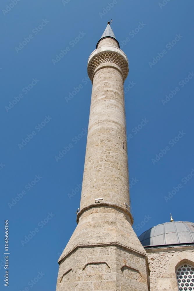 A minaret of an old mosque in the old town of Antalya, Turkey