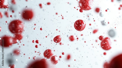 This abstract image presents floating red spheres in a scattered arrangement against a white background, conveying a feeling of exploration and creativity.