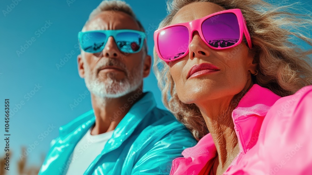 An energetic elderly couple dressed in vibrant pink and blue, posing with pink airplanes and colorful attire, showcasing a playful and exciting lifestyle. An energetic elderly couple dressed in vibrant pink and blue, posing with pink airplanes and colorful attire, showcasing a playful and exciting lifestyle.