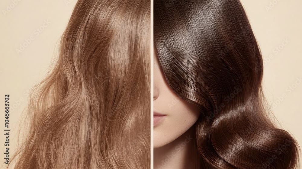 A split comparison of hair before and after treatment, with one half frizzy and lifeless, the other half smooth and vibrant, on a neutral background. A split comparison of hair before and after treatment, with one half frizzy and lifeless, the other half smooth and vibrant, on a neutral background.