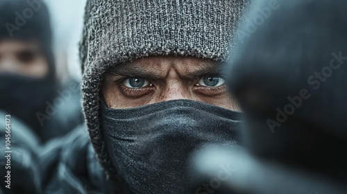 A close-up of a person with a captivating stare, partially covered by a mask and wearing a knit hat, creating an atmosphere of mystery and intensity.