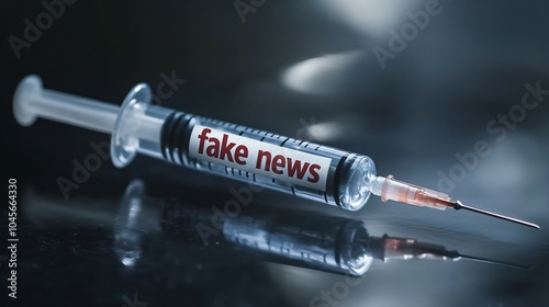 A syringe labeled 'fake news' symbolizing the injection of misinformation. Disinformation and propaganda. photo