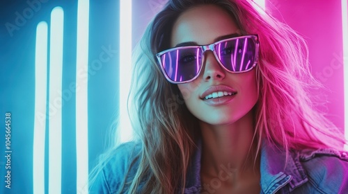 A woman in a vibrant setting with neon lights wears trendy sunglasses, exuding confidence and modern style, showcasing a blend of pink and blue hues.