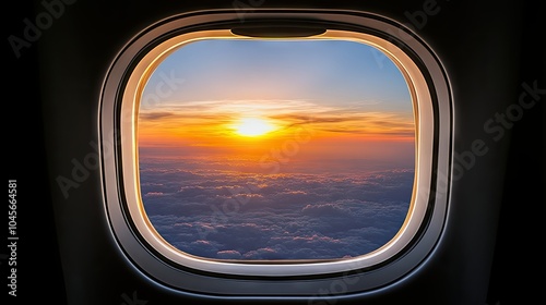 A stunning scene of clouds and sky through a plane window, with the distant horizon and sun casting a golden glow across the peaceful, fluffy clouds.