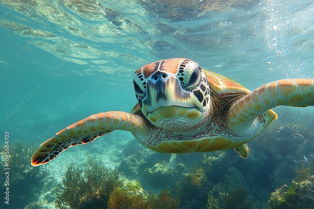 Obraz premium Green sea turtle gracefully swimming through clear tropical waters near coral reef