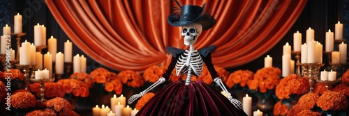 Elegant Calavera Catrina with Marigolds and Candles for Día de los Muertos, Panoramic Banner