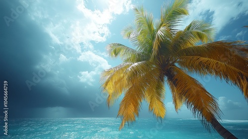 A serene tropical scene featuring a palm tree against a backdrop of ocean and clouds.