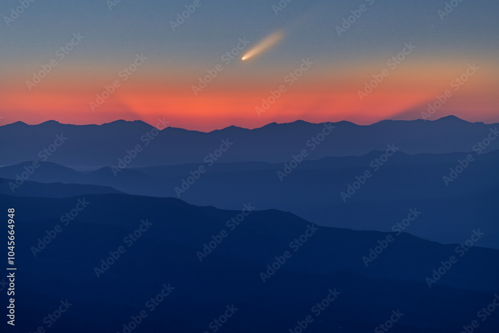 Beautiful bright sunrise in the mountains with Comet C/2023 /A3 Tsuchinshan-Atlas at the sky. Beautiful bright sunrise in the mountains with Comet C/2023 /A3 Tsuchinshan-Atlas at the sky.