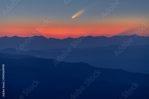 Beautiful bright sunrise in the mountains with Comet C/2023 /A3 Tsuchinshan-Atlas at the sky.