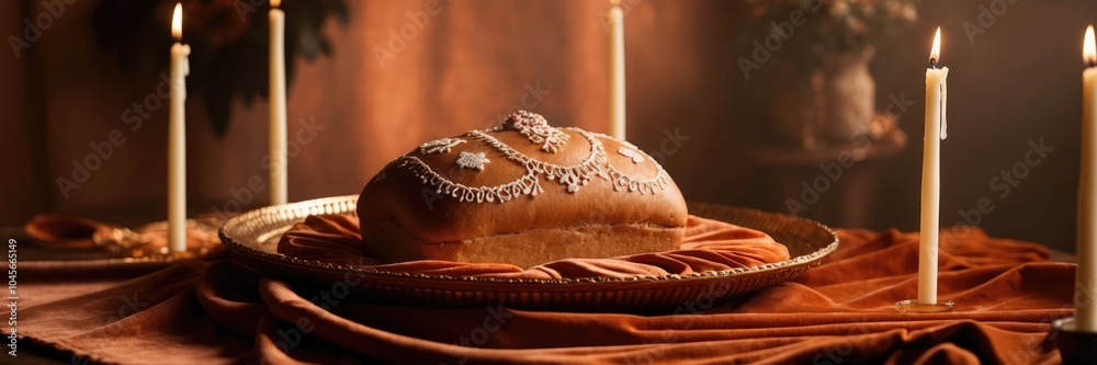 Día de los Muertos ofrenda with Pan de Muerto and candles Día de los Muertos ofrenda with Pan de Muerto and candles