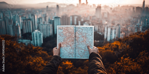 A person holds an open map above a vast cityscape at sunrise, with golden light illuminating the skyline and clouds in the distance.