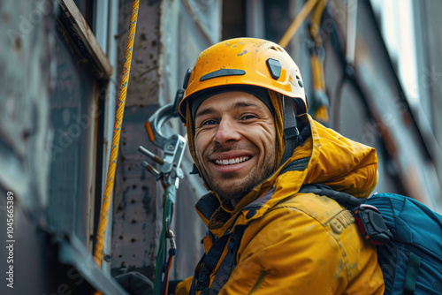 Man construction worker in protective gear and a yellow helmet works at heights on a building site, using industrial mountaineering techniques. Safety is prioritized during high-altitude tasks photo