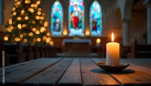 Product placement wooden table, blurred christmas in church background with copy space product display mockup