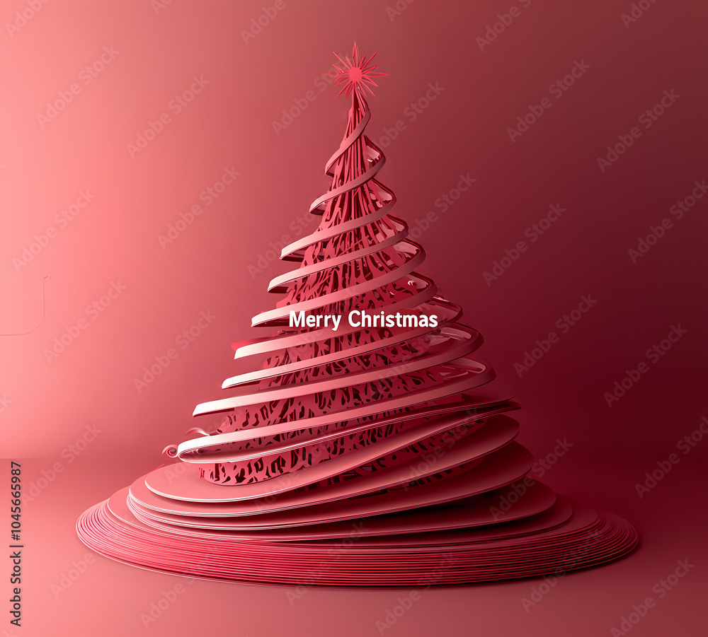 Red christmas tree with a star on top, set against a red surface and background in an abstract composition Red christmas tree with a star on top, set against a red surface and background in an abstract composition