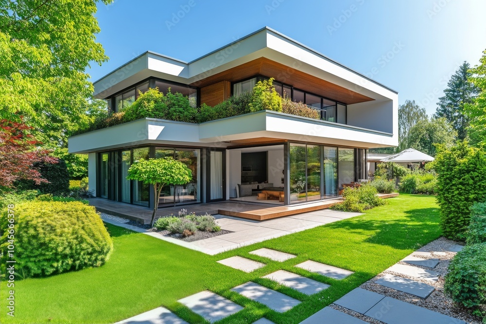 Modern house design with vibrant garden and green lawn under bright blue sky in summer Modern house design with vibrant garden and green lawn under bright blue sky in summer