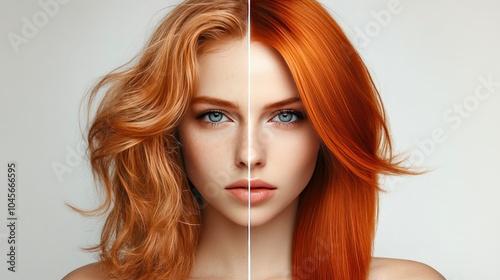 Before and after hair treatment image, with a clear division between damaged, frizzy hair and sleek, straight hair, set against a plain background.