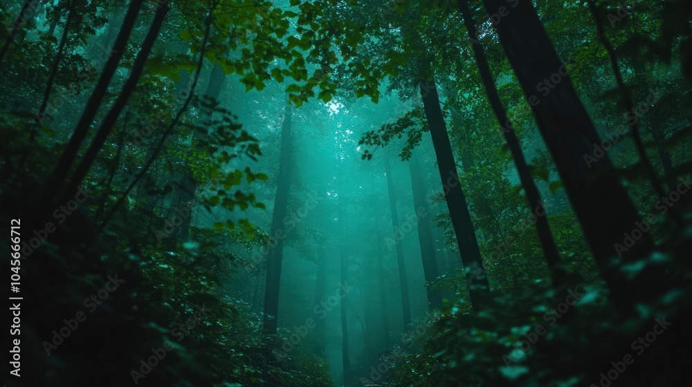 A misty forest with tall trees and lush foliage. A misty forest with tall trees and lush foliage.