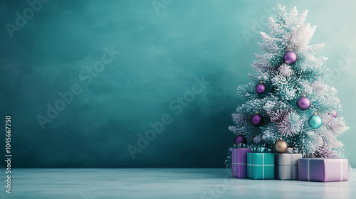 Minimalist Christmas tree with purple and turquoise decorations. photo