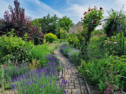 Path in a lavender garden full of flowers, bushes and trees. Czech Republic, Europe