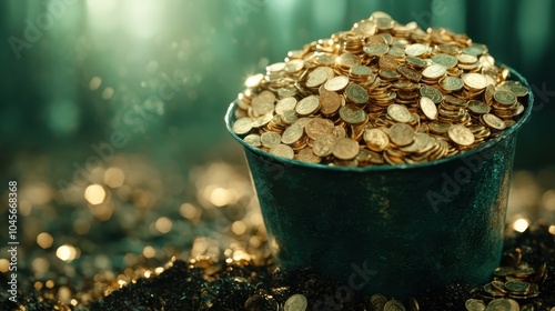 A rustic bucket full of golden coins, glistening brilliantly in the ambient light, set against a blurred, atmospheric background, symbolizing prosperity and wealth. photo