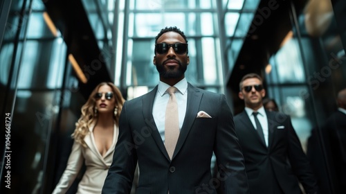 A group of three sharply dressed individuals, embodying charisma and modern sophistication while confidently walking through a luxurious urban glass structure.