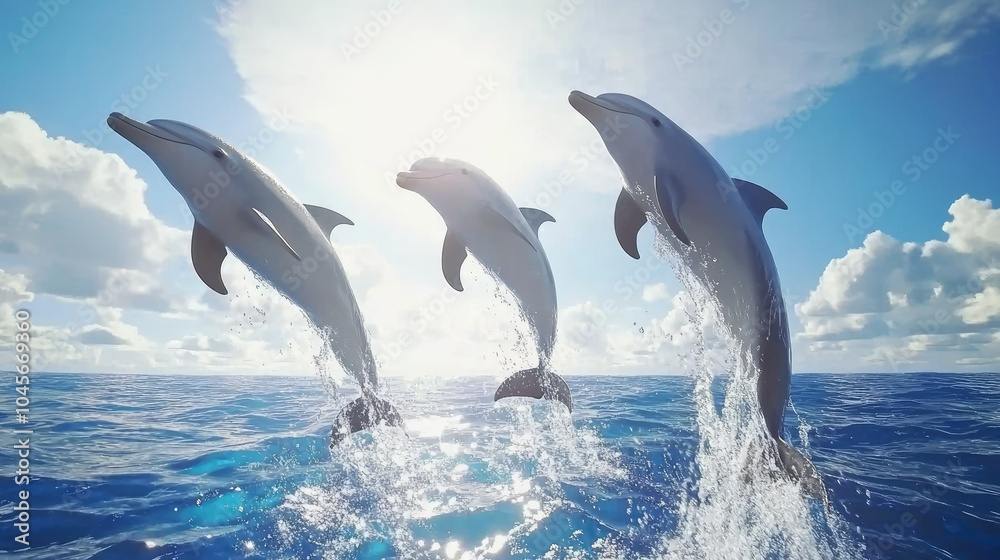 Obraz premium Dolphins gracefully leaping out of the ocean, creating splashes of water as they emerge in a playful, synchronized display under the bright, blue sky.