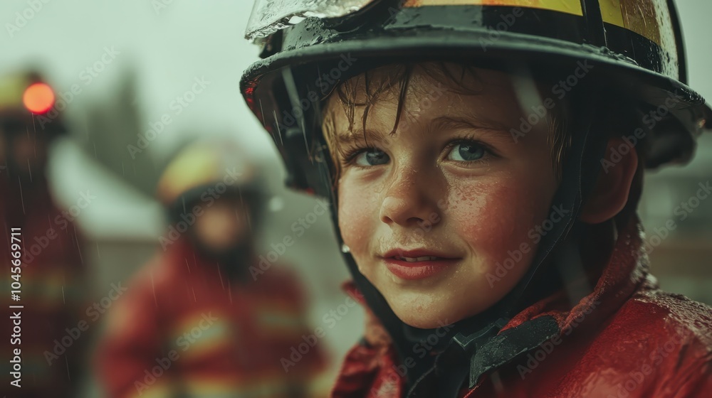 A young child, dressed in a firefighter uniform and helmet, stands bravely in the rain during a training exercise, capturing the spirit of courage and duty. A young child, dressed in a firefighter uniform and helmet, stands bravely in the rain during a training exercise, capturing the spirit of courage and duty.