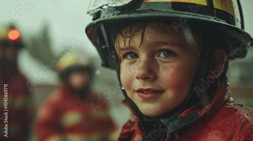 A young child, dressed in a firefighter uniform and helmet, stands bravely in the rain during a training exercise, capturing the spirit of courage and duty.