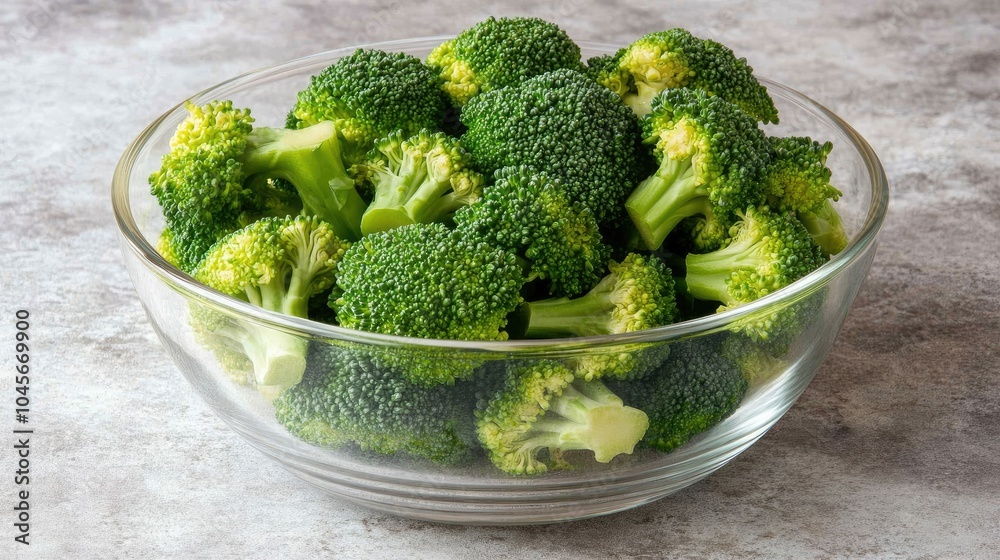 Freshly cut broccoli florets arranged in a clear glass bowl, the vivid green of the vegetable contrasting against the bright kitchen counter. Freshly cut broccoli florets arranged in a clear glass bowl, the vivid green of the vegetable contrasting against the bright kitchen counter.