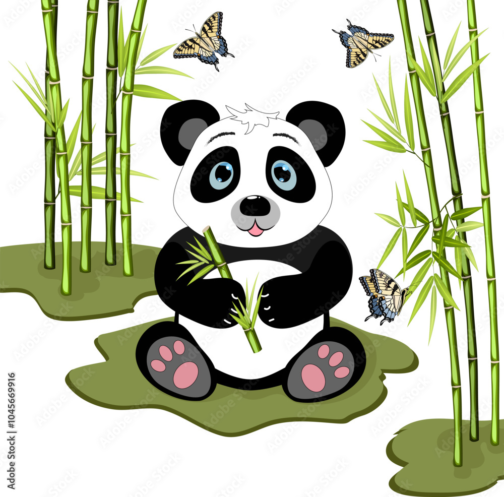 Illustration with panda and bamboo.Vector illustration with panda and green bamboo on a transparent background.